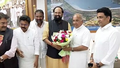 Celebration of a formal event with distinguished guests exchanging flowers and greetings indoors.