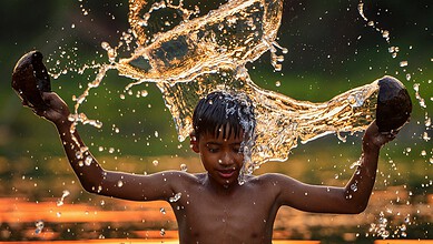 A young boy playing in water, splashing and enjoying outdoor water activity in a natural setting.