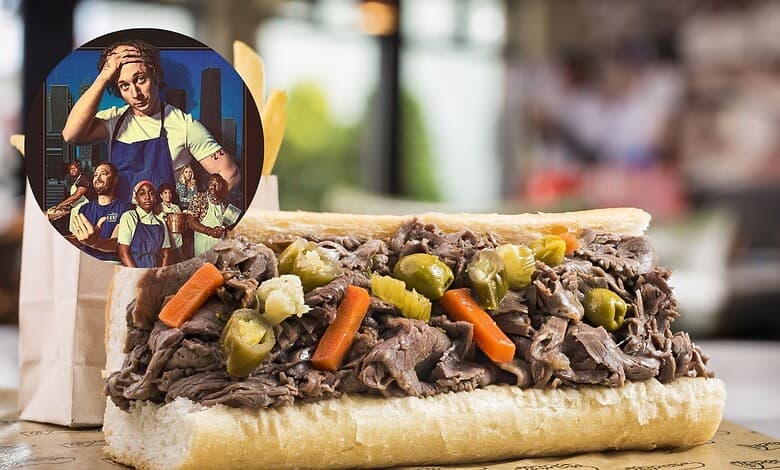 A delicious beef sandwich topped with pickles and vegetables on a fresh bun, served in a casual dining se.