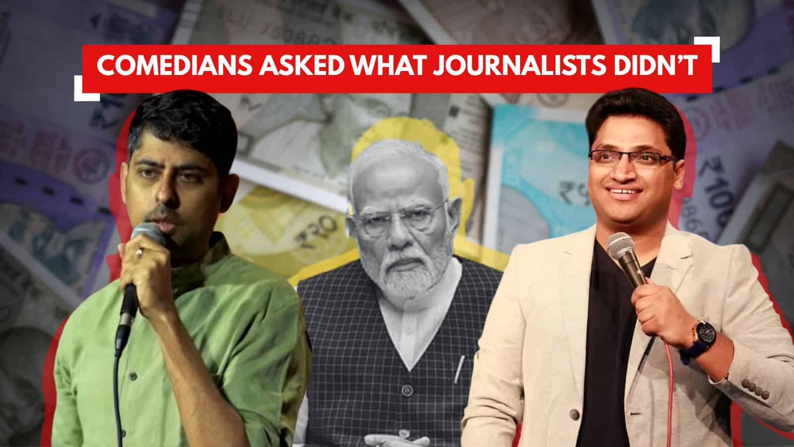 Comedians asking what journalists didn’t reveal during a press event with Indian political figures.