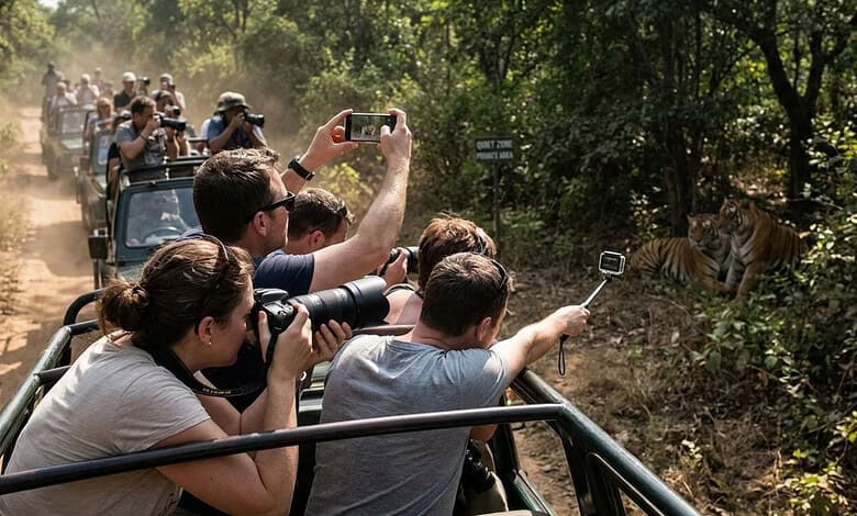 Tourists on safari vehicle taking photos of tigers in the wild, surrounded by lush greenery and dense for.