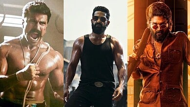 Heroic man in intense action scene, muscular build, shouting with determination, wearing a white tank top.