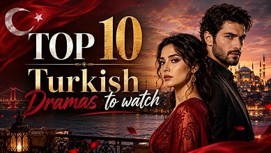 Popular Turkish dramas featuring a romantic couple against Istanbul skyline at sunset.