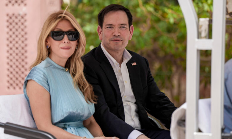 US Secretary of State Marco Rubio and his wife Jeanette leave after visiting the Taj Mahal, in Agra, Monday, May 25