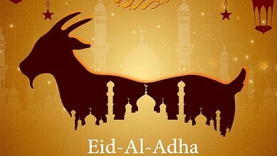 Festive Eid-Al-Adha image featuring a goat silhouette and mosque minarets in gold tones.