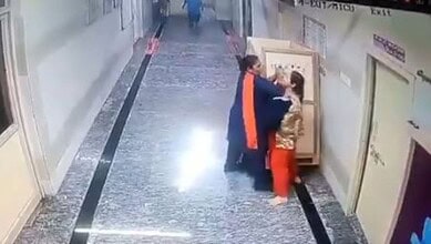 A security guard attacks a woman at Niloufer Hospital in Hyderabad