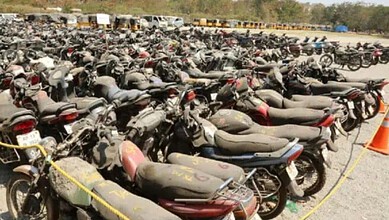 Abandoned motorcycles lined up for auction by Hyderabad police, awaiting sale from the recent vehicle imp.