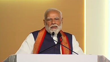 Prime Minister Narendra Modi speaking at a public event in Hyderabad, addressing the crowd during his vis.