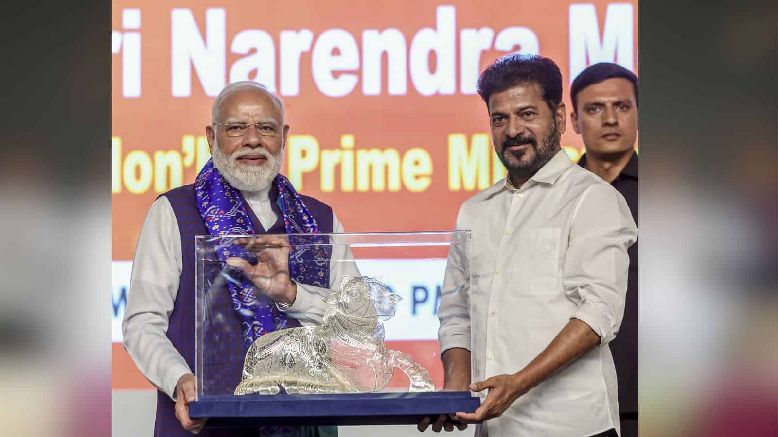Indian Prime Minister Narendra Modi with Revanth Reddy at Viksit Bharat event in Telangana.