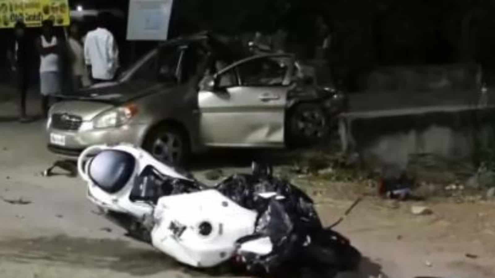 A bike and car in mangled condition after accident in Mahabubnagar