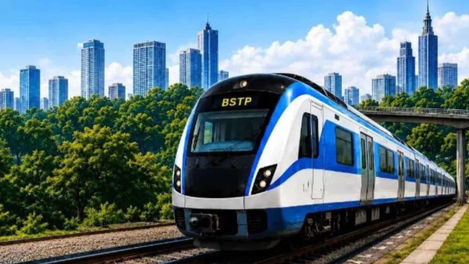 Bengaluru suburban rail train with city skyline in the background, highlighting the Rs 1,513 crore coach.