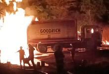 Tanker on fire in Sangareddy after chemical accident, emergency responders at the scene.