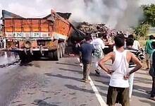 A truck is mangled after accident in Khammam