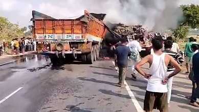 A truck is mangled after accident in Khammam