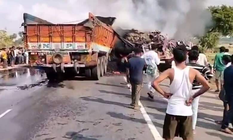 A truck is mangled after accident in Khammam