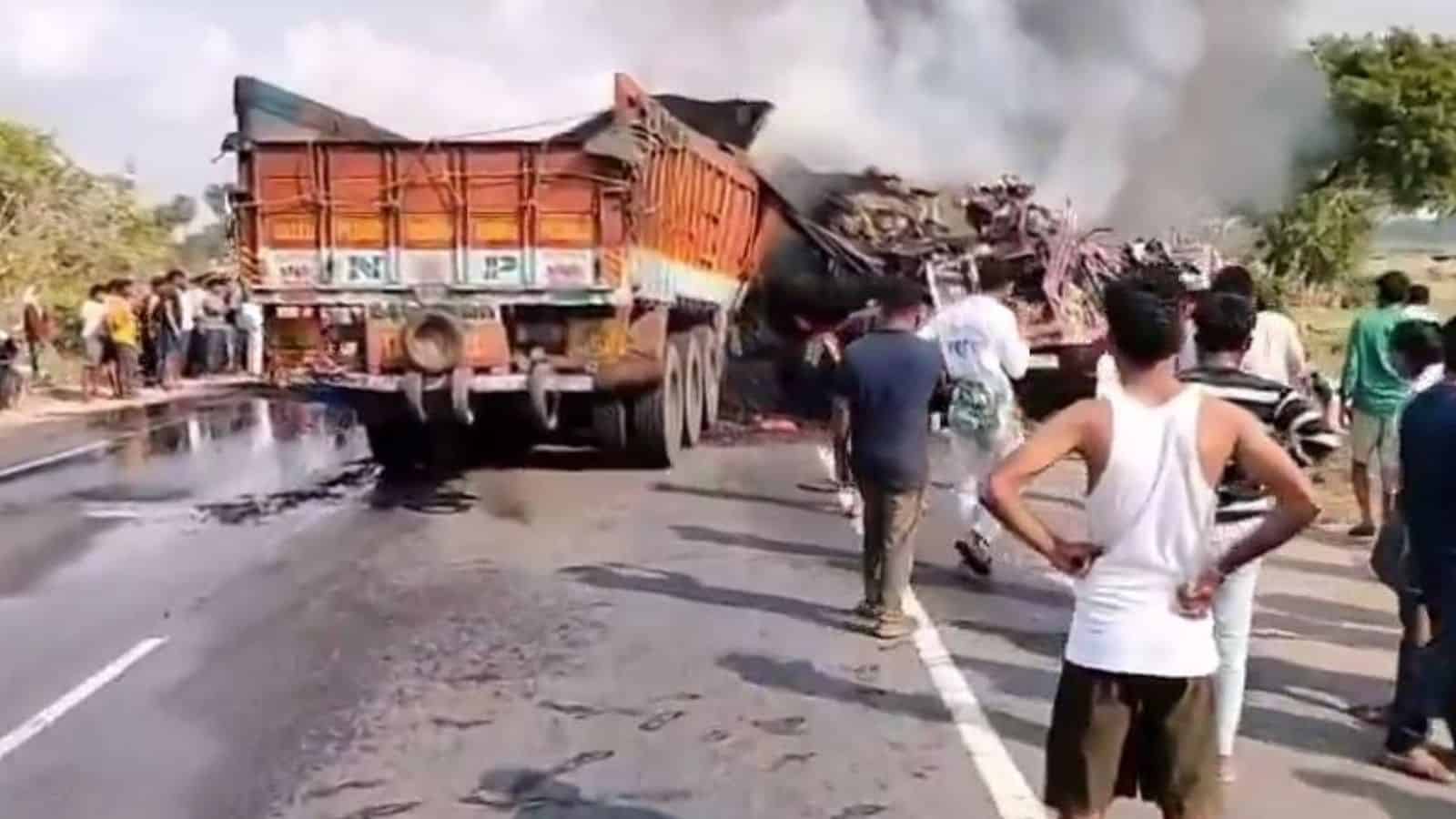 A truck is mangled after accident in Khammam