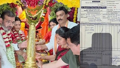 Lighting a traditional lamp during a festive celebration at a cultural event in India.