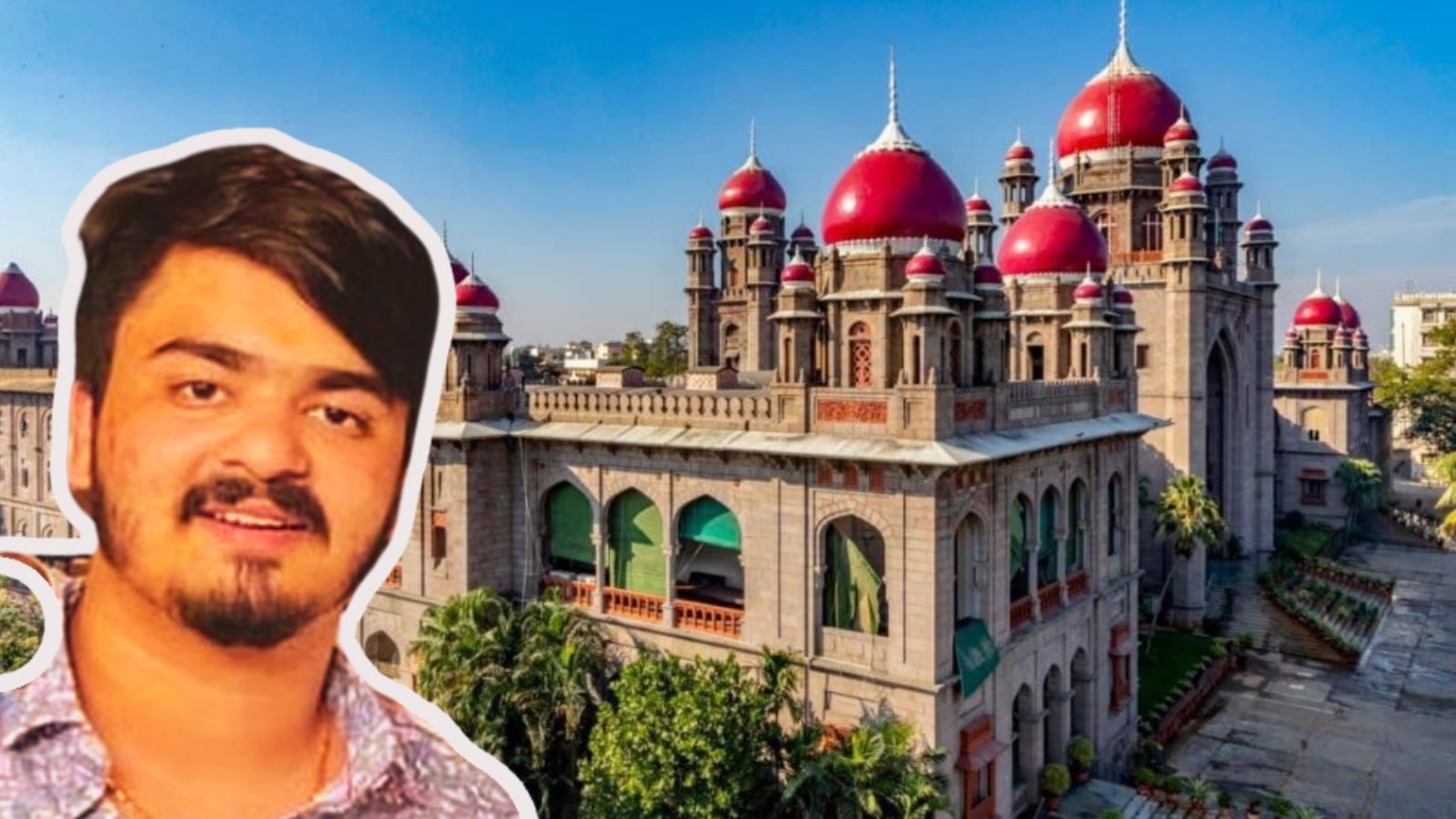 A vibrant image of a historic mosque with red domes and intricate architecture, featuring a young man in.