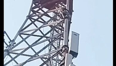 High-voltage transmission tower with electrical insulators and communication equipment against a clear sk.
