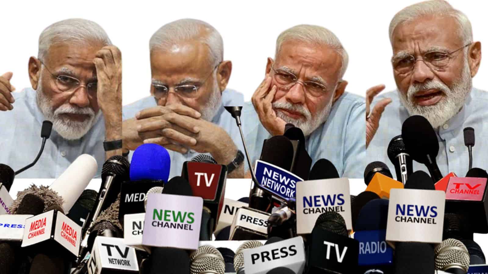 Indian Prime Minister Narendra Modi addressing the media with multiple microphones and news channels at a.
