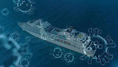 COVID-19 virus particles surrounding a cruise ship, illustrating the impact of the pandemic on maritime t.