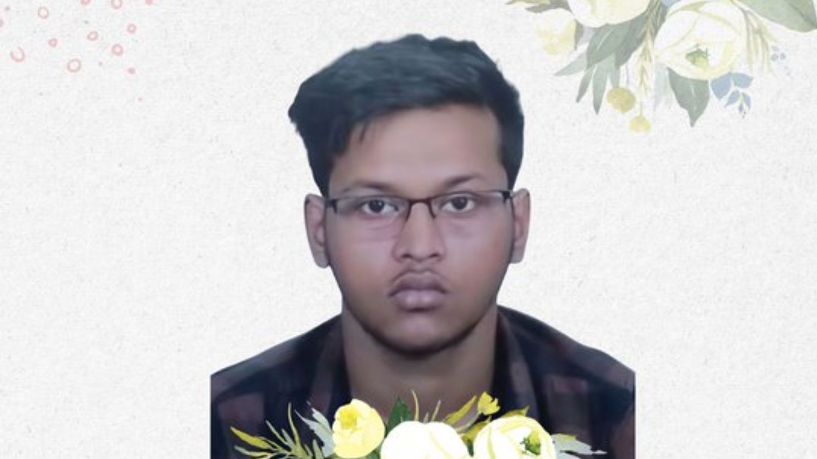 A young man wearing glasses with a neutral expression, against a light background with floral accents.