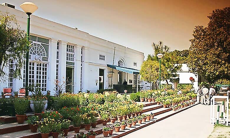 Elegant white building with lush garden and potted plants outside, sunny day, peaceful atmosphere, ideal.