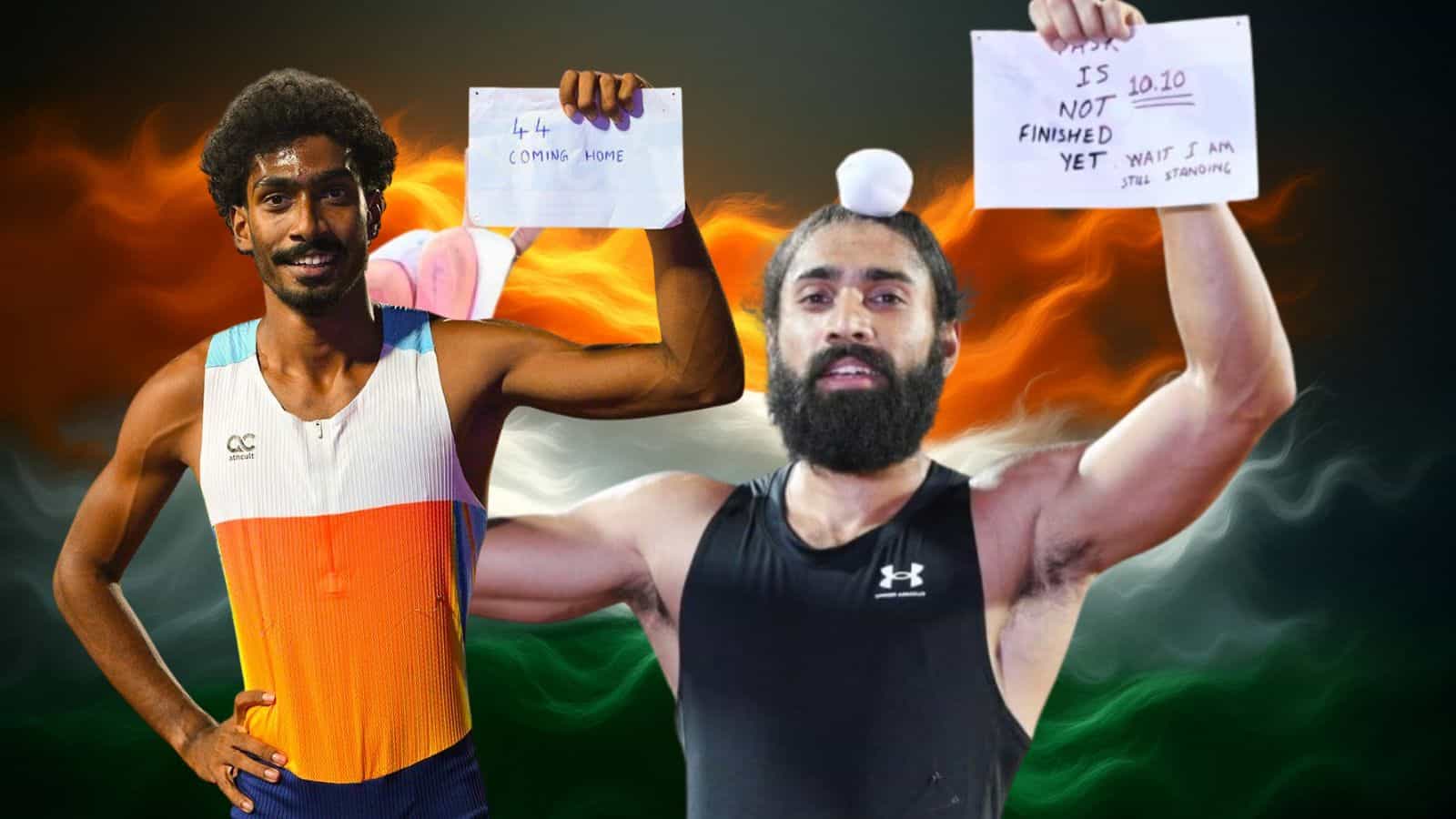 Two male athletes holding signs, celebrating victory with Indian flag in the background.