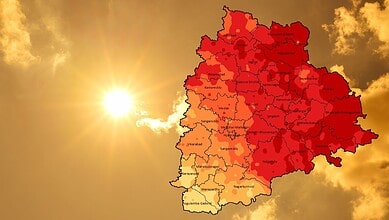 High temperature heat map of Telangana state in India during sunset, showing regional temperature variati.