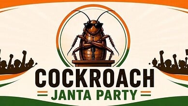 Cockroach cartoon mascot for Janta Party with Indian flag colours, celebrating political event and unity.