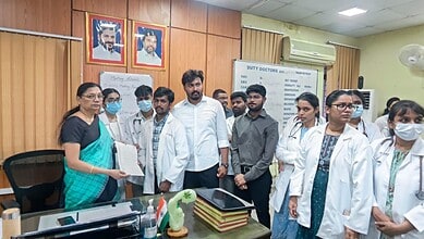 TJUDA members give a representation to Gandhi Hospital superintendent.