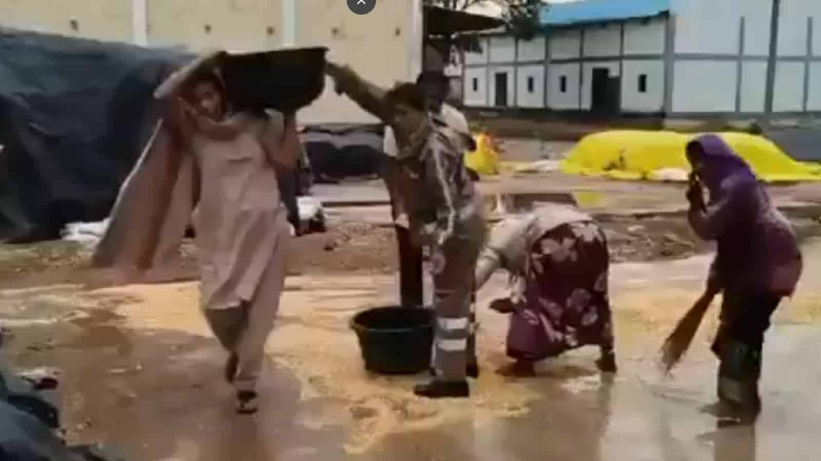 A woman and children collecting water from a muddy puddle in an outdoor area with buildings and parked ca.