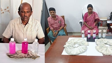 Pink and white bottles of liquid, cash, and seized items on a table during a police operation in India.