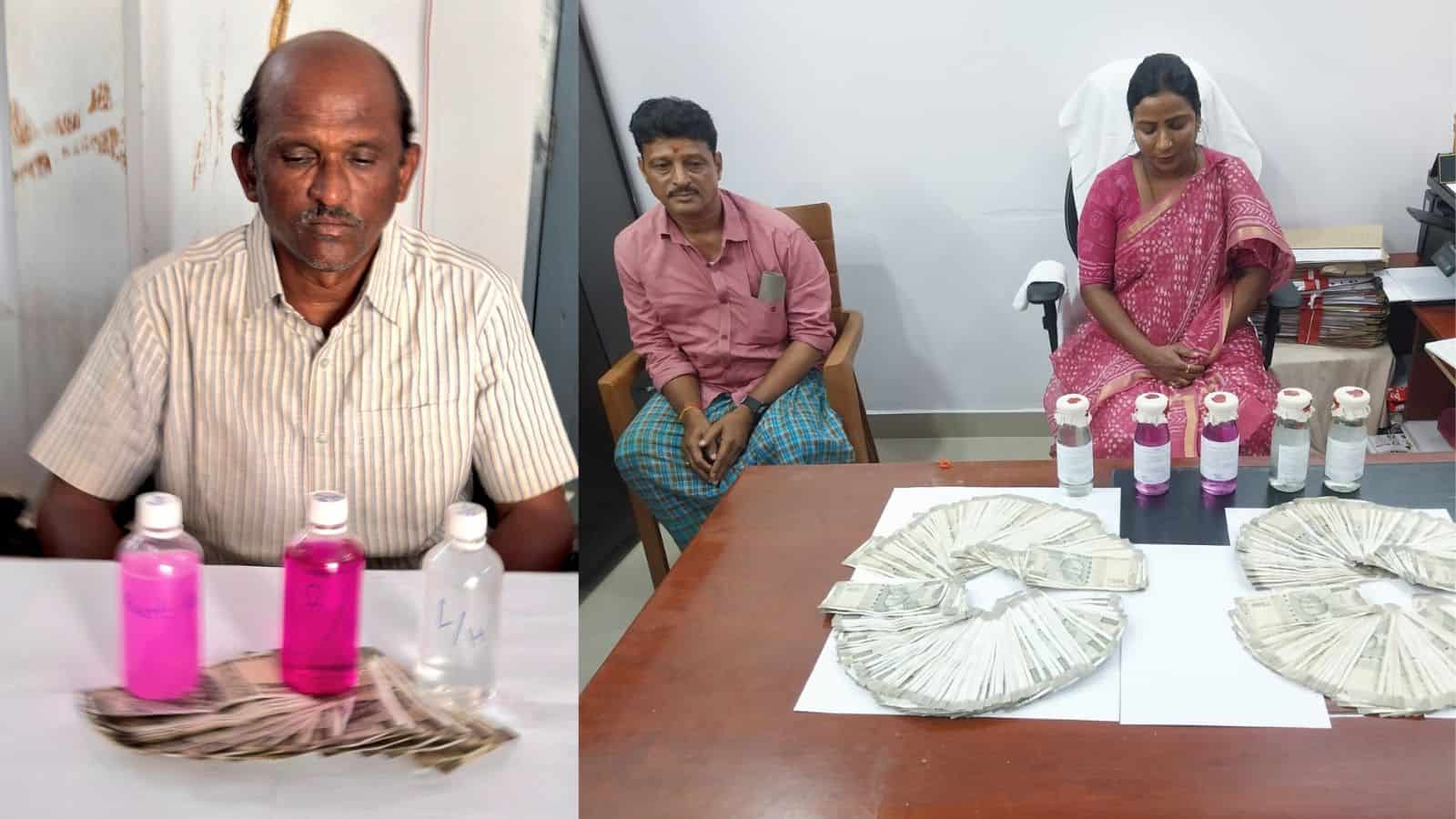Pink and white bottles of liquid, cash, and seized items on a table during a police operation in India.