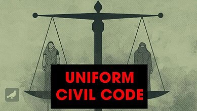 A woman in a uniform holding a sign that reads "Uniform Civil Code" on a balanced scale background.