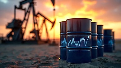 Oil barrels with financial graphs at an oil extraction site during sunset.