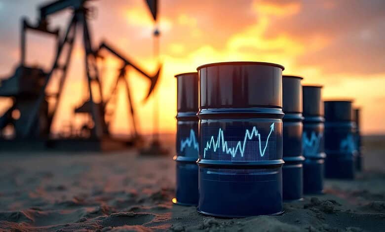 Oil barrels with financial graphs at an oil extraction site during sunset.