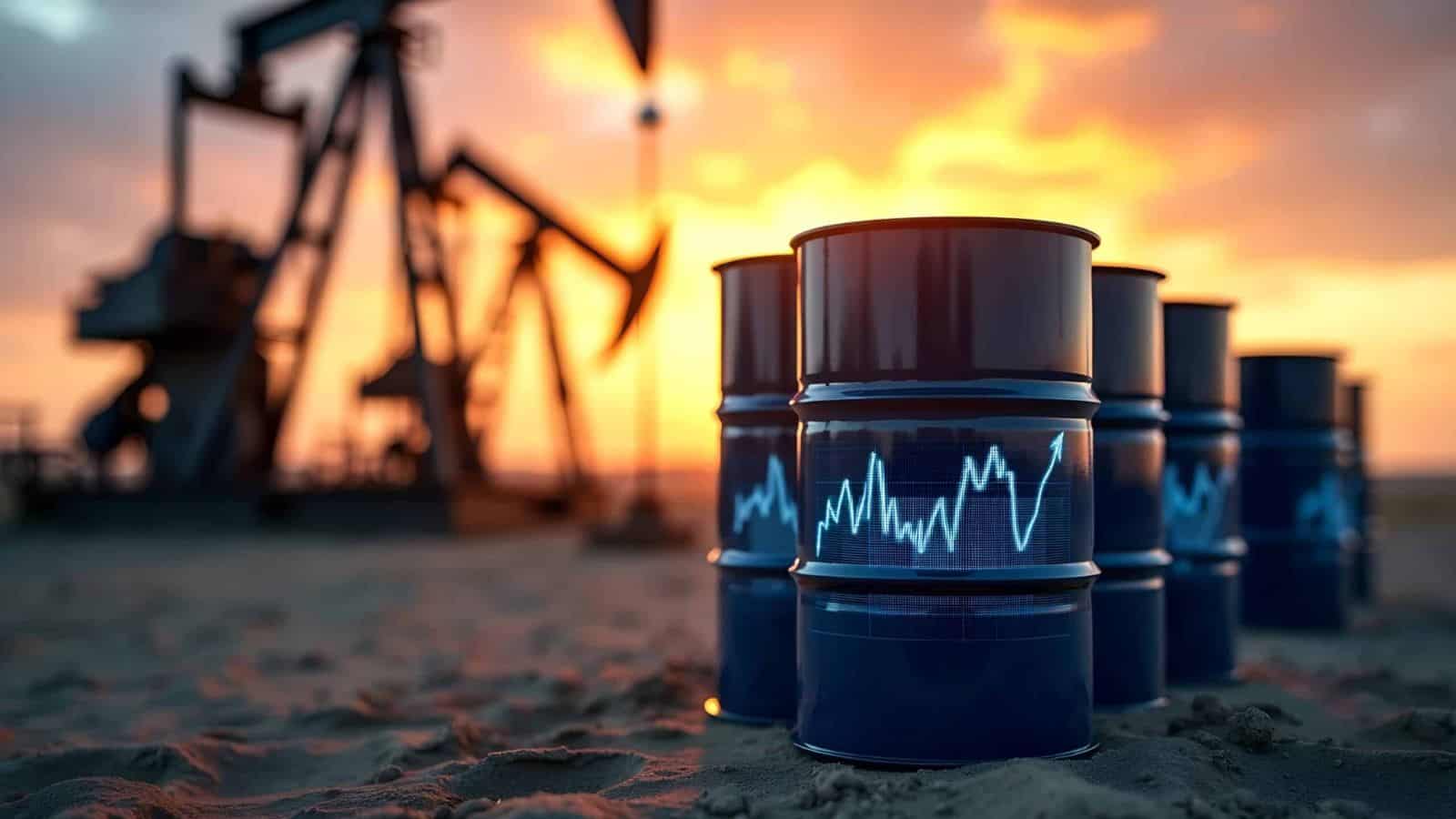 Oil barrels with financial graphs at an oil extraction site during sunset.