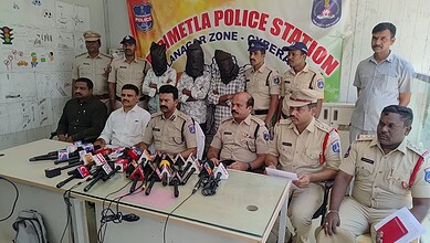A police press conference at Metla Police Station with officers and suspects present.