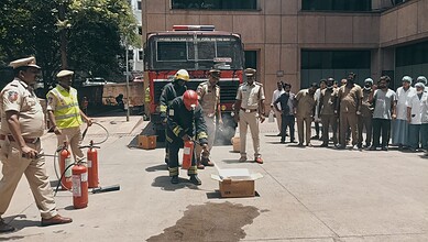 Officials from Telangana fire department conduct a mock drill at NIMS Hospital