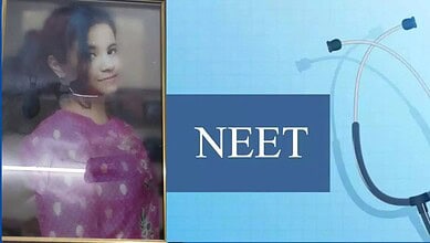 A woman in traditional attire with a headset, promoting NEET exam preparation.