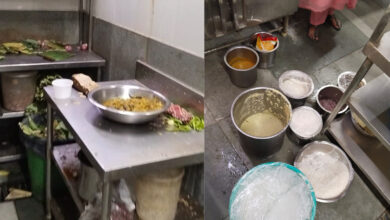 Kitchen scene with cooking utensils and ingredients in a busy restaurant setting.
