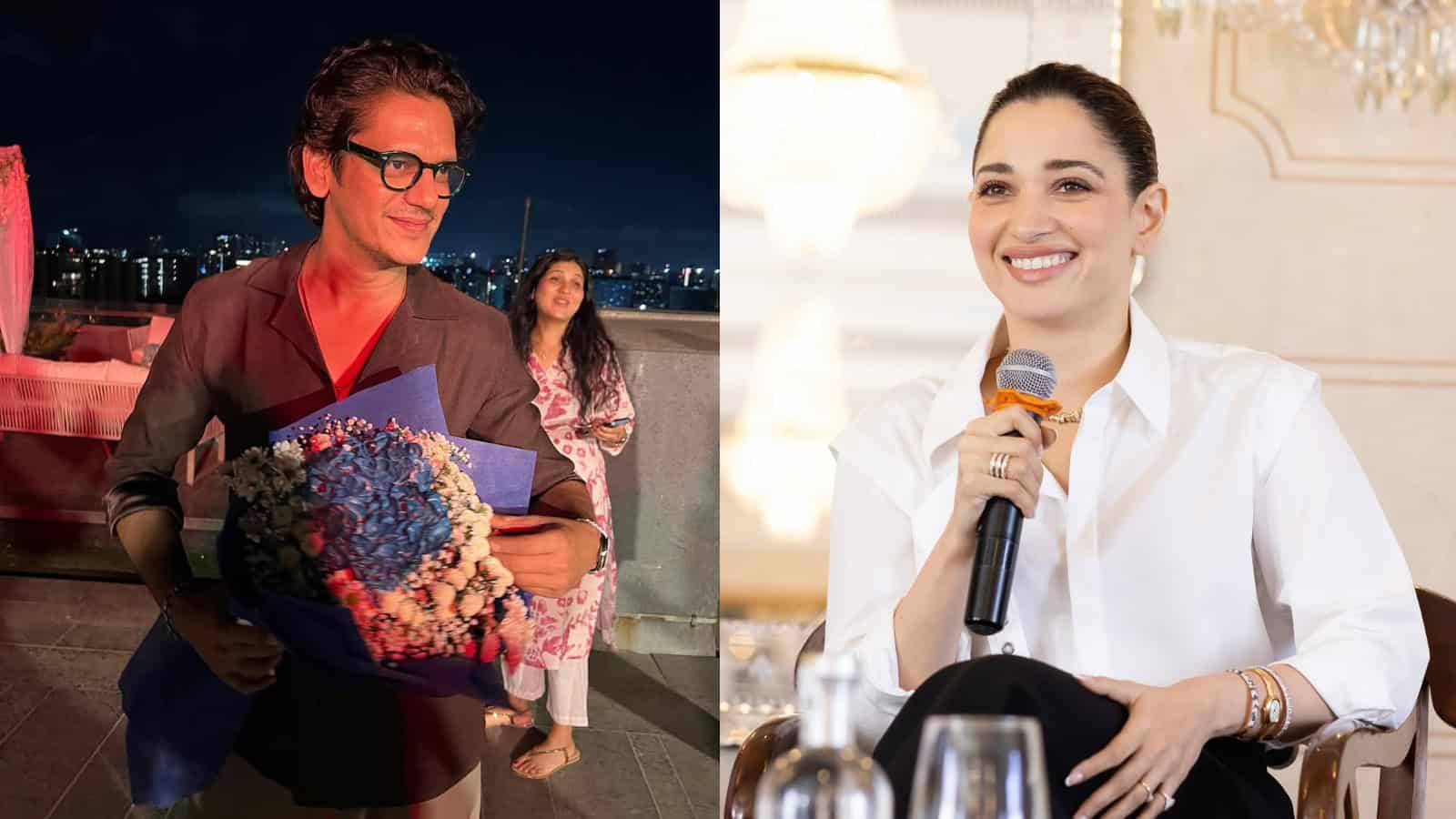 Vijay Varma and Tamannaah Bhatia at a public event, smiling and engaging with the audience, amid rumours.