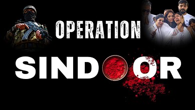 Soldier in tactical gear holding a rifle, alongside a group of civilians, symbolising Operation Sindoor a.