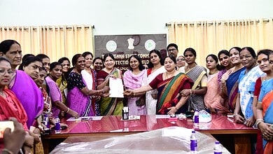 BRS women demand Bandi Bhagirath's arrest, meet child rights commission in a protest event.