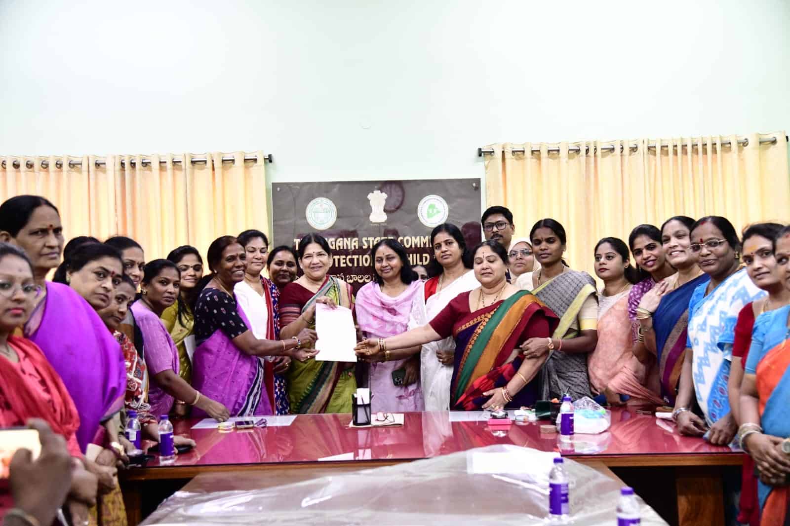 BRS women demand Bandi Bhagirath's arrest, meet child rights commission in a protest event.