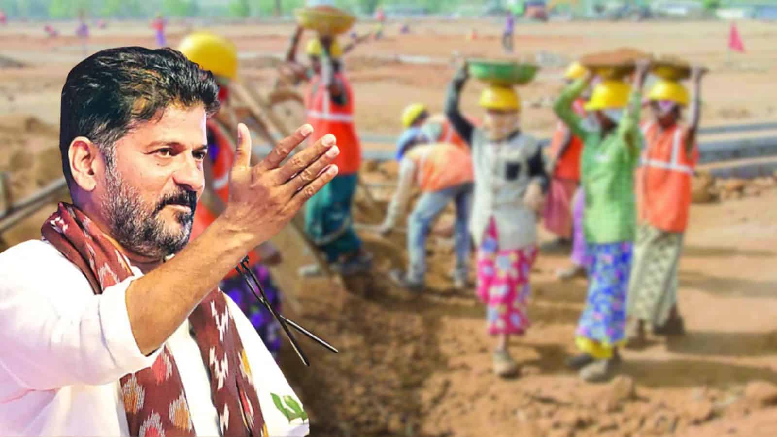 Politician speaking to workers at a construction site with a group of women in safety helmets in the back.