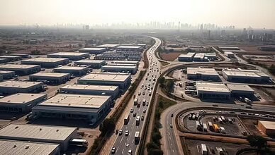 A busy highway running through an industrial area with multiple warehouses and buildings, with a city sky.