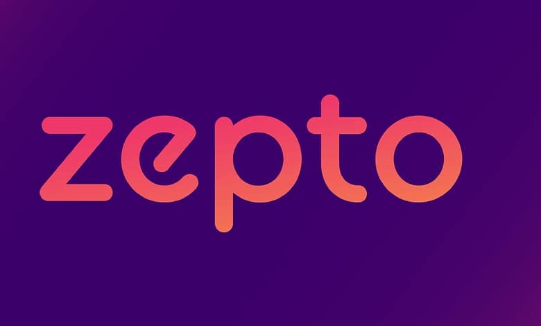 Zepto logo displayed on a dark purple to blue gradient background, representing a modern delivery service.
