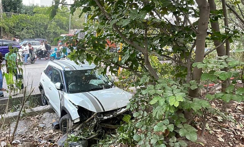A white car has collided with trees and bushes, causing significant front-end damage, while people gather nearby at the scene of the accident.
